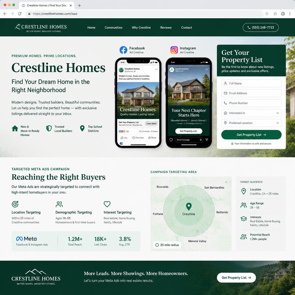 Crestline Homes website design concept for a real estate business