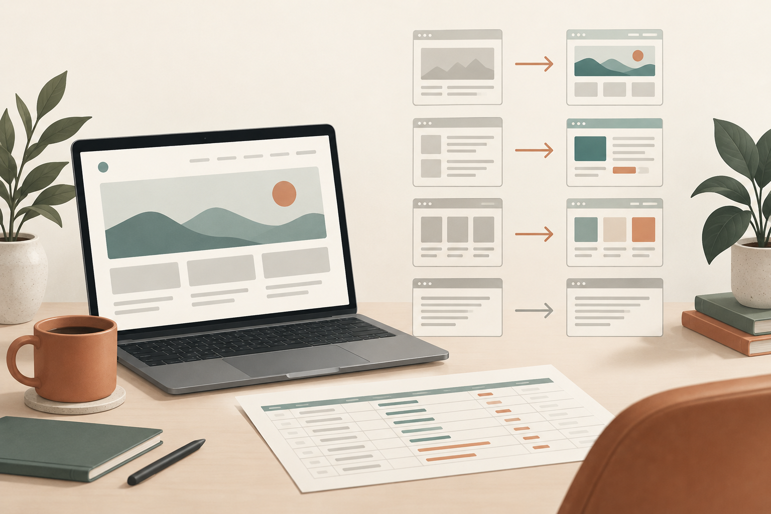 Illustration of old website pages connected by arrows to matching redesigned pages beside a laptop and planning sheet.