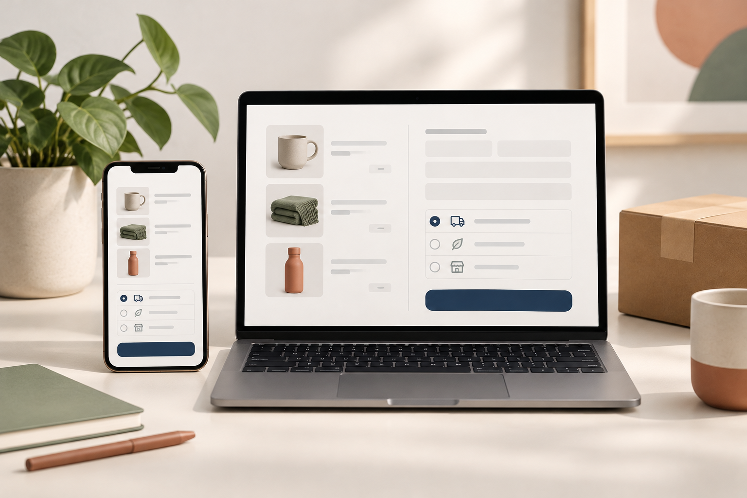 Editorial illustration of a mobile and desktop ecommerce checkout beside a parcel.